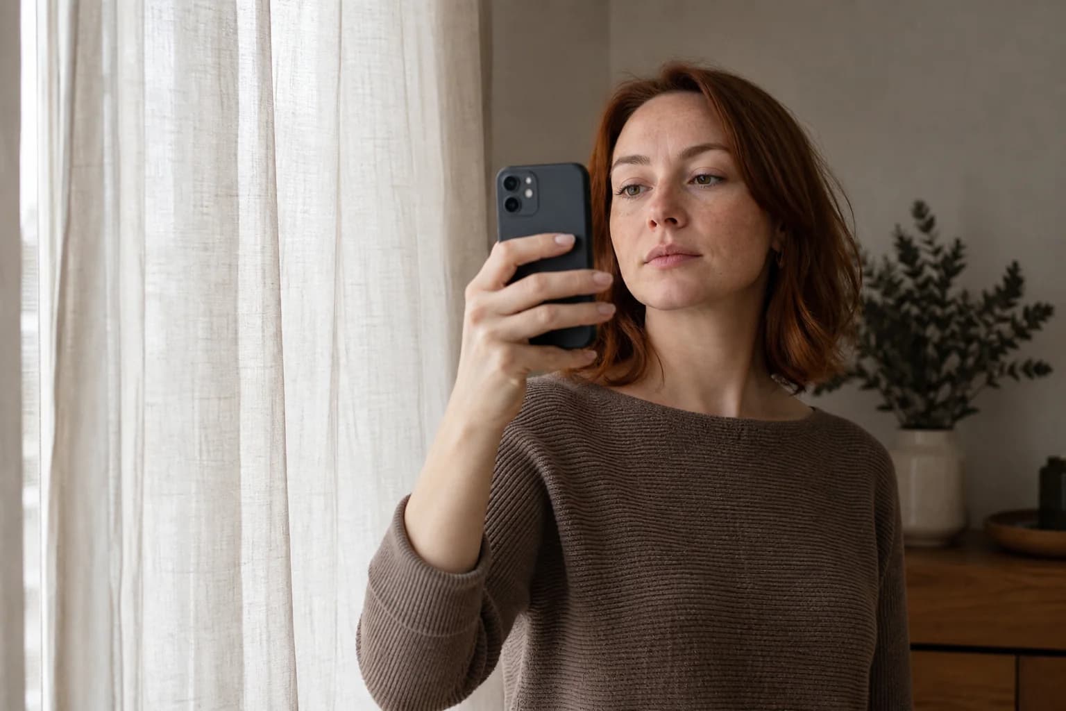 Редакционная сцена: женщина снимает лицо на телефон при рассеянном дневном свете без фильтров.