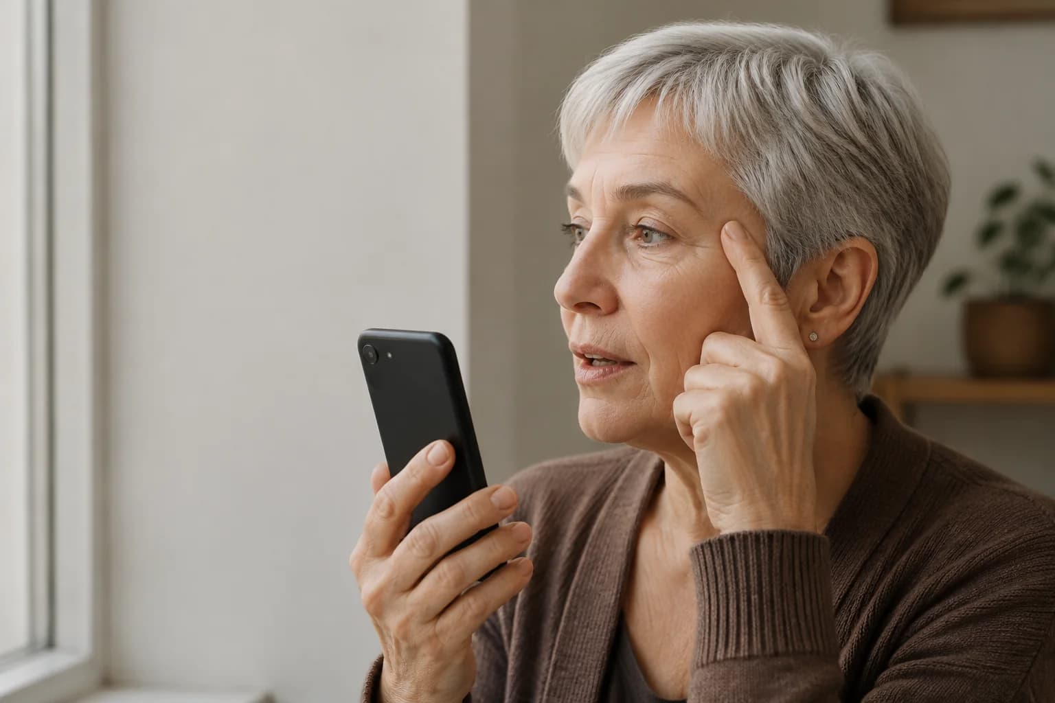 Женщина записывает голосовое сообщение, указывая на бровь, о которой хочет рассказать перед новой консультацией.